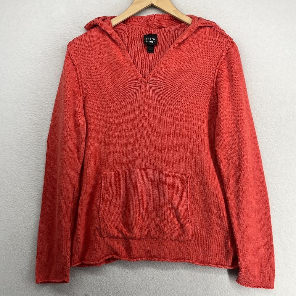 EILEEN FISHER Sweater M Silk Cotton V-Neck Hoodie Rolled Hem Pullover Red
